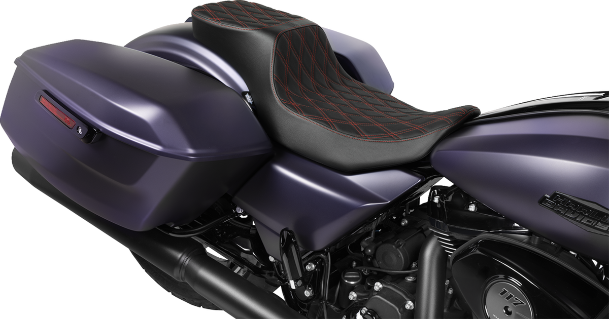 Drag Specialties Performance Predator 2-Up Seat – Extended Reach – Vinyl – Red Double Diamond Stitch – view 3