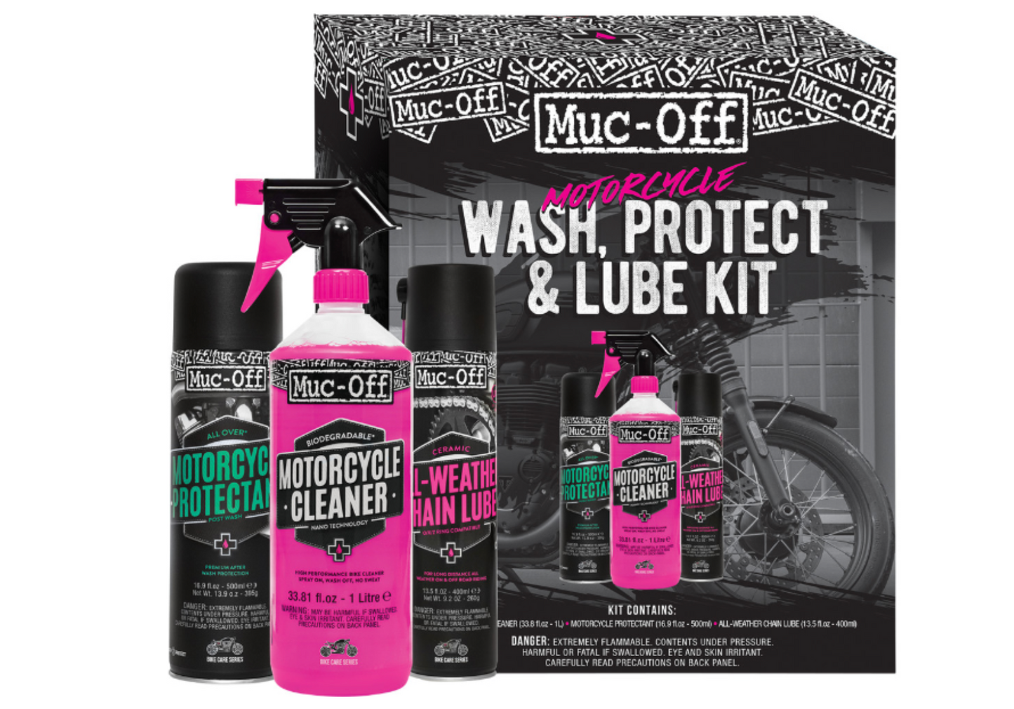 Muc-Off Motorcycle Wash, Protect & Lube Kit – Complete 3-in-1 Cleaning System