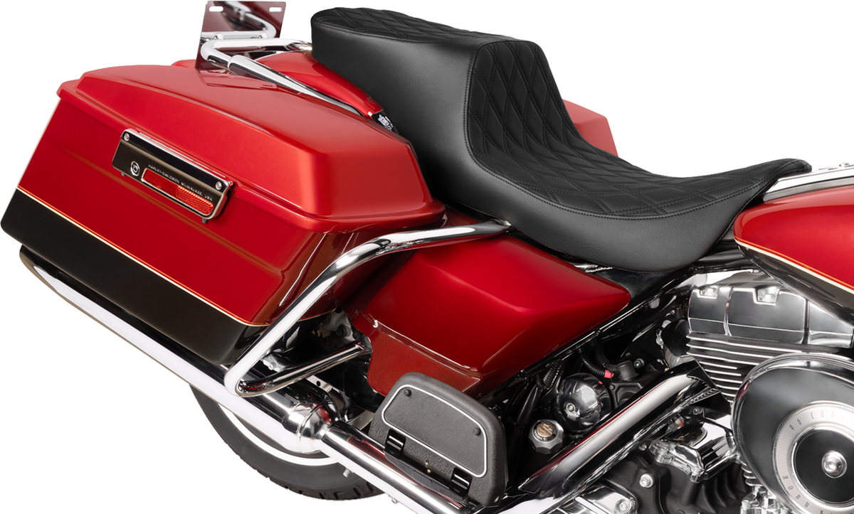 Drag Specialties Predator 2-Up Seat – Vinyl – Double Diamond – Black Stitching- w/o Backrest – FL '97-'07