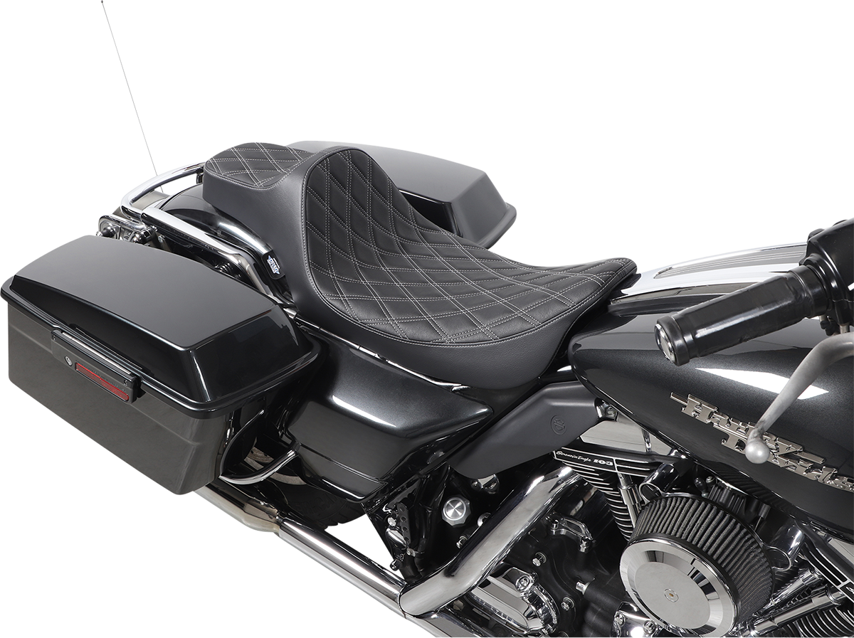 Drag Specialties Extended Reach Predator III Seat – Double Diamond – Black w/ Silver Stitching – FL '99-'07 – view 5