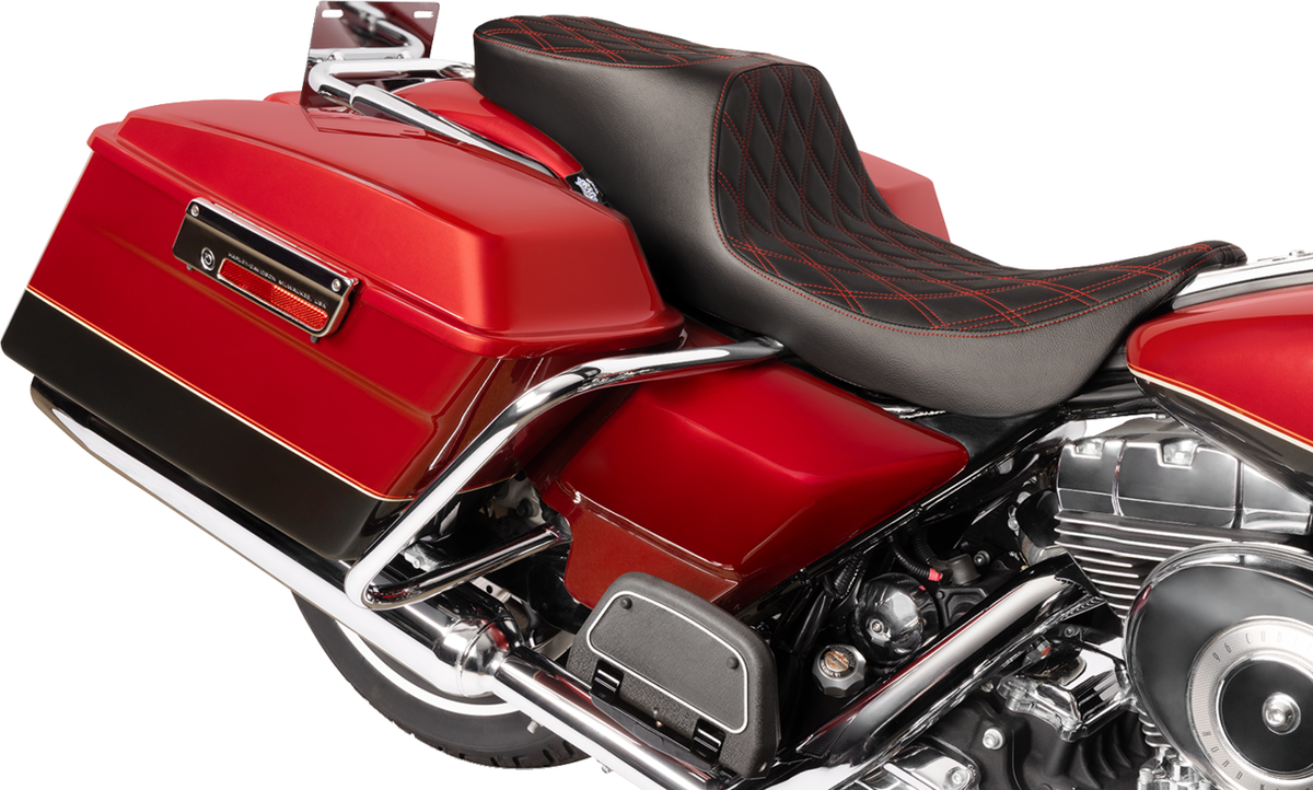 Drag Specialties Predator 2-Up Seat – Vinyl – Double Diamond – Red Stitching – w/o Backrest – FL '97-'07 – view 3