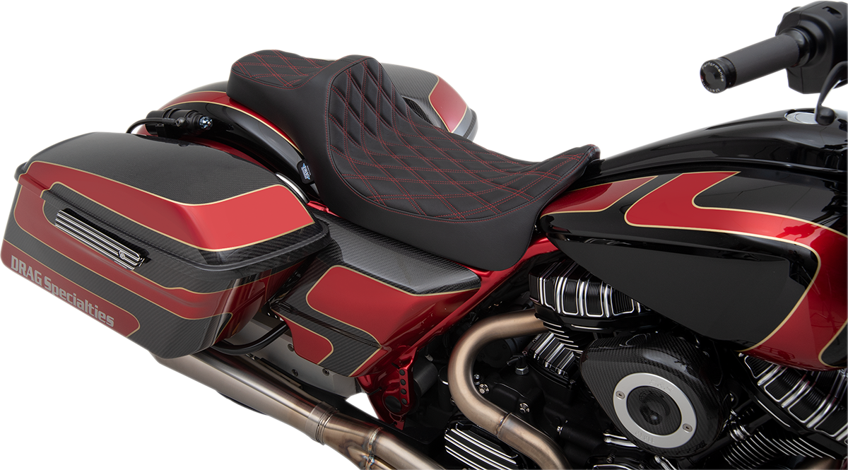 Drag Specialties Predator III Seat – Extended Reach – Double Diamond – Red Stitched – FL '08-'23 – view 3