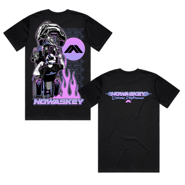 Black short-sleeve graphic T-shirt shown from both front and back. The front features a large stylized character graphic in white, gray, and neon pink/purple with the word 'NOWASKEY' below and a circular logo above.