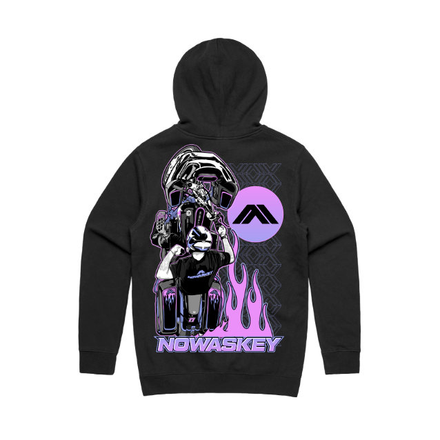 A Black high quality hoodie with a pink, blue and black Nowaskey Graphic of 2slicc doing a wheelie on a bagger with flames and nowaskey peak logos