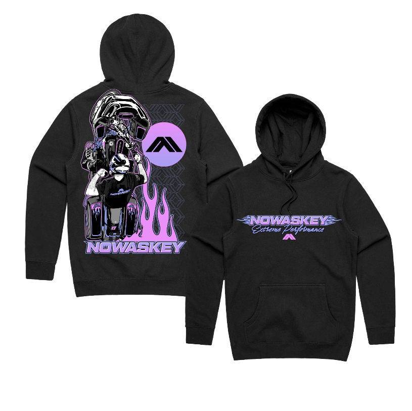 Black pullover hoodie shown from the front and back on a white background. The front features a purple and white 'NOWASKEY Extreme Difference' graphic on the chest, and the back features a large graphic of a futuristic racer with purple flames and a circular logo.