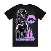 A black short-sleeve t-shirt featuring a large graphic print of a skeleton in a futuristic helmet and suit, with purple and pink flames, a purple circular logo, and the text 'NOWASKEY' at the bottom.