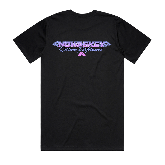 Black athletic t-shirt with Nowaskey Logo in the front. Pink Flames on the side. Extreme Performance Written in Cursive. And a Pink Nowaskey Peak Logo 