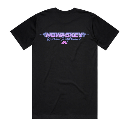 Black athletic t-shirt with Nowaskey Logo in the front. Pink Flames on the side. Extreme Performance Written in Cursive. And a Pink Nowaskey Peak Logo 