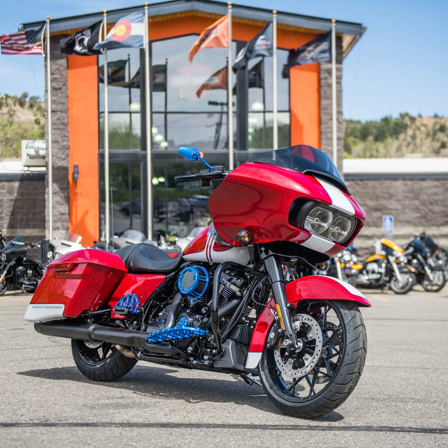 Mini Stocker Forged Mirrors in Blue for all Harley Davidson Models