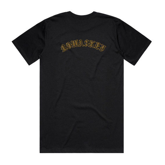 A black short-sleeve t-shirt with the word 'NOWASKEY' printed across the upper chest in a gold outline font, shown against a plain white background.