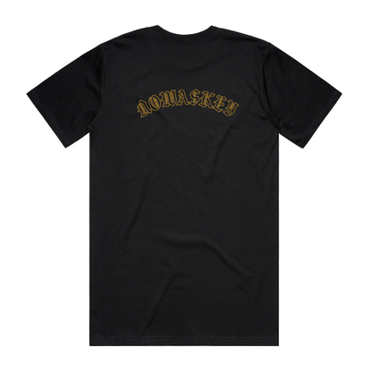 A black short-sleeve t-shirt with the word 'NOWASKEY' printed across the upper chest in a gold outline font, shown against a plain white background.