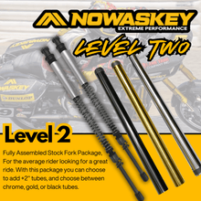 Promotional image featuring Nowaskey Level 2 Fork Package components including disassembled fork parts, Nowaskey fork cartridge kit, and assembled fork with Pro One fork tubes in different colors (silver, gold, black).