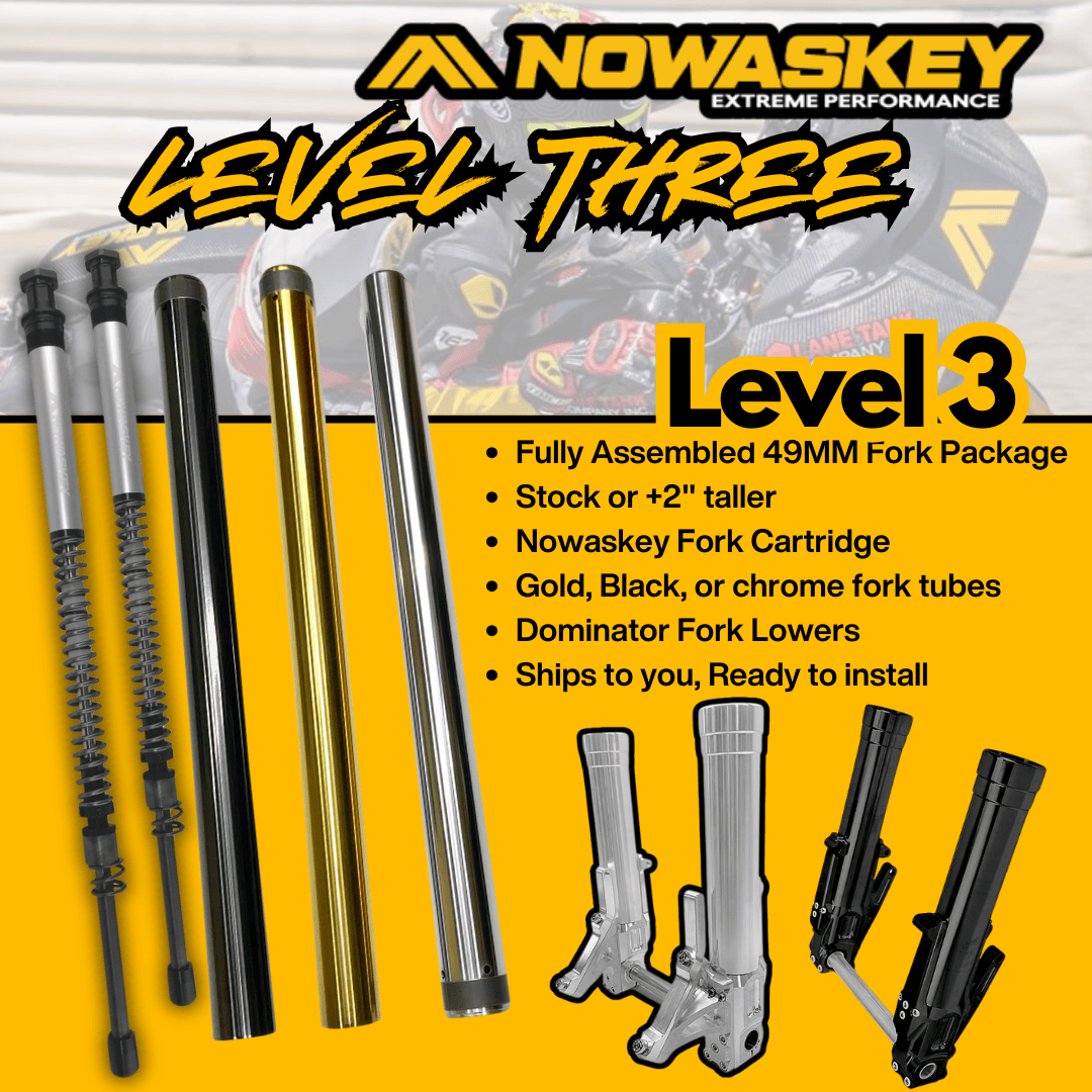 An advertisement image showcasing the Nowaskey Level 3 Complete Front End Package for 2014-2024 Harley-Davidson Touring/Bagger models, featuring components like fork tubes, Dominator fork lowers, and the Nowaskey fork cartridge kit.