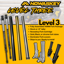 An advertisement image showcasing the Nowaskey Level 3 Complete Front End Package for 2014-2024 Harley-Davidson Touring/Bagger models, featuring components like fork tubes, Dominator fork lowers, and the Nowaskey fork cartridge kit.