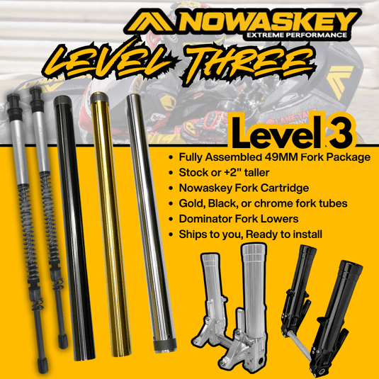 An advertisement image showcasing the Nowaskey Level 3 Complete Front End Package for 2014-2024 Harley-Davidson Touring/Bagger models, featuring components like fork tubes, Dominator fork lowers, and the Nowaskey fork cartridge kit.