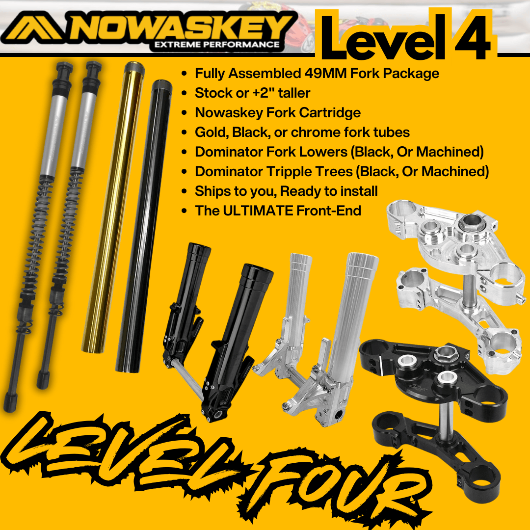 An assortment of motorcycle parts from Nowaskey, including fork tubes, fork lowers, triple trees, and other suspension components, labeled as 'Level 4' for a Harley-Davidson Bagger model.