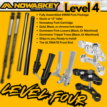 An assortment of motorcycle parts from Nowaskey, including fork tubes, fork lowers, triple trees, and other suspension components, labeled as 'Level 4' for a Harley-Davidson Bagger model.
