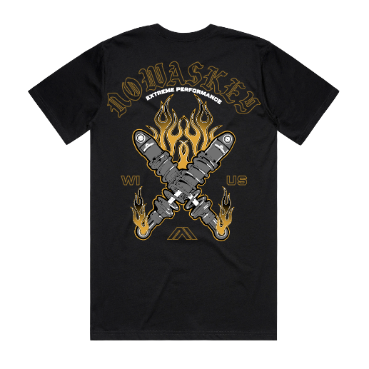 A black short sleeve T Shirt with Nowaskey in Yellow. With a graphic of shocks crossed in an X and and Flames coming from behind the Shocks. 