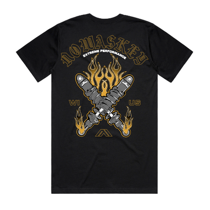 A black short sleeve T Shirt with Nowaskey in Yellow. With a graphic of shocks crossed in an X and and Flames coming from behind the Shocks. 