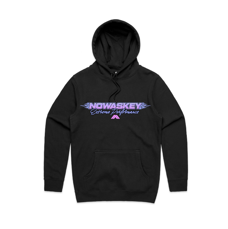 A black pullover hoodie with a front kangaroo pocket and a graphic print on the chest reading 'NOWASKEY Extreme Performance' in purple and white, displayed on a clean white background.