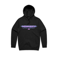 A black pullover hoodie with a front kangaroo pocket and a graphic print on the chest reading 'NOWASKEY Extreme Performance' in purple and white, displayed on a clean white background.