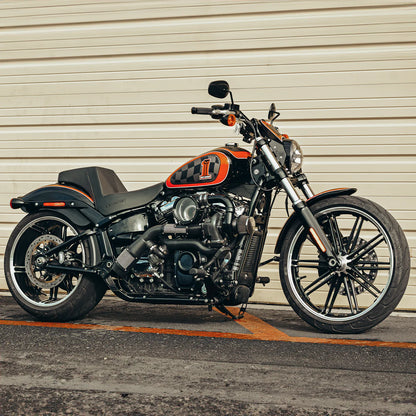 orange and black Harley Davidson softail with a Trask softail assault turbo kit installed